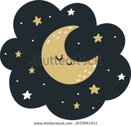 Flat vector illustration in Scandinavian children's style. Moon with smiling face and stars in the night sky 