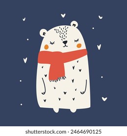 Flat vector illustration in Scandinavian style. Cute bear in scarf, Christmas illustration 