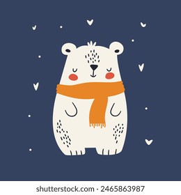 Ilustración vectorial plana en estilo escandinavo. Lindo oso en bufanda, ilustración de Navidades 