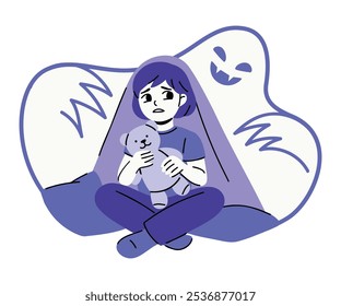 Ilustración vectorial plana de un niño asustado que se esconde debajo de la manta del fantasma. СPesadilla de la infancia, emoción de miedo, concepto de malos sueños. Dibujo minimalista para un artículo, publicidad o impresión.