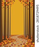 A flat vector illustration of a scenic autumn forest path with tall trees and fallen leaves covering the ground.