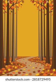 A flat vector illustration of a scenic autumn forest path with tall trees and fallen leaves covering the ground.