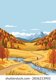 A flat vector illustration of a scenic autumn landscape featuring a winding path, a small river, colorful trees, and distant snow-capped mountains.