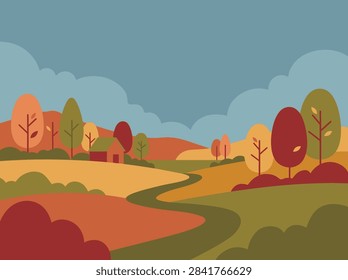 A flat vector illustration of a scenic autumn landscape featuring a winding path rolling hills and vibrant fall foliage under a cloudy sky
