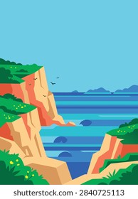 A flat vector illustration of a scenic coastal landscape with steep rocky cliffs overlooking the blue ocean under a clear sky.