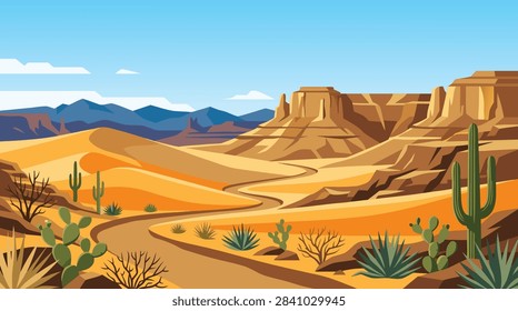 A flat vector illustration of a scenic desert landscape with sand dunes, rocky mesas, cacti, and a winding path under a clear blue sky.
