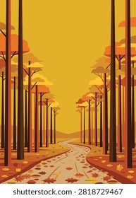 A flat vector illustration of a scenic forest path during autumn with tall trees and fallen leaves on the ground.
