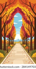 A flat vector illustration of a scenic park walkway lined with vibrant autumn trees under a clear blue sky with distant mountains.