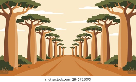 A flat vector illustration of a scenic path lined with iconic baobab trees in a savanna landscape under a soft sky.