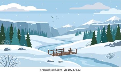 Flat vector illustration of a scenic snowy winter landscape featuring a small wooden bridge crossing a frozen blue river stream