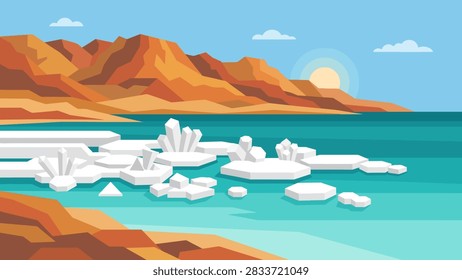 Flat vector illustration of a scenic tropical mountain landscape with turquoise water, snowcapped peaks, clouds, and warm sunlight. Ideal for travel posters, tourism campaigns, nature backgrounds, and destinations.