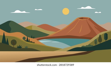 A flat vector illustration of a scenic volcanic landscape with a crater lake, rolling hills, and a bright sun in a stylized sky.