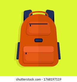 Flat vector illustration: school backpack. Orange backpack on a yellow background.