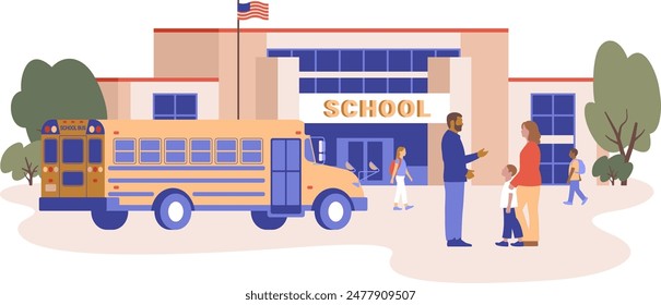 Ilustración vectorial plana del edificio escolar. Profesor, padres, niños y alumnos parados cerca de un autobús amarillo. Educación gráfica aislada sobre fondo blanco. Instalaciones educativas, concepto de servicios.