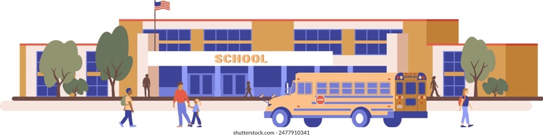 Flat vector illustration of school building with yellow bus and children near. Education graphics isolated on white background. Educational facilities and services concept.