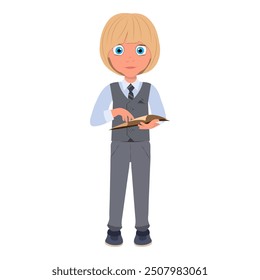 Flat Vector Illustration of Schoolboy Wearing School Uniform and Holding a Book, Cartoon Character Set For Animation, Various Views, Poses and Gestures. Item 5