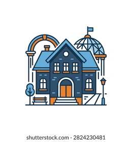 A flat vector illustration of a schoolhouse featuring a dome, entrance steps, bench, tree, and a rainbow motif in a stylized design.