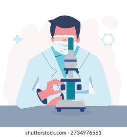 Flat vector illustration of a scientist wearing a mask while observing samples through a microscope in a medical laboratory, symbolizing research, science, and healthcare innovation.