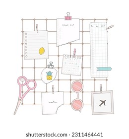Flat vector illustration with scissors, cute paper notes, glasses, clip, card, photo. Metal grid wall mood board inspiration.
