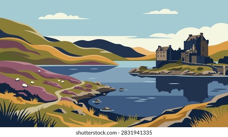 A flat vector illustration of a Scottish castle situated on a loch surrounded by rolling hills, heather, and grazing sheep under a clear sky.