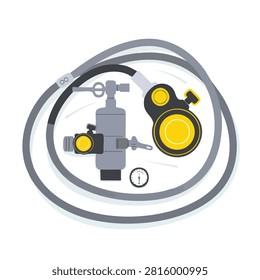 A flat vector illustration of a scuba diving regulator system including first and second stage, hoses, and pressure gauge.