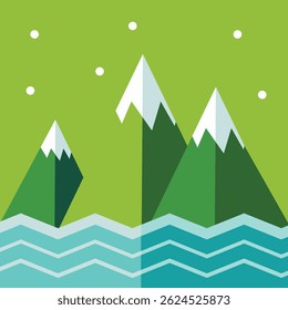 Flache Vektorgrafik von Meereswellen und schneebedeckten Bergen 