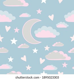 Flat vector illustration of Seamless cute with clouds and moon.cute clouds, moon and hearts on a blue background