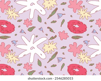 Ilustración vectorial plana con patrón floral sin fisuras; flores abstractas en rojo, rosa, amarillo y blanco con hojas verdes; fondo aislado para el día de San Valentín, el día de la mujer y temas de primavera