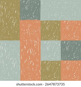 Flat vector illustration of a seamless patchwork pattern made of hand drawn geometric panels and textured squares. Decorative quilt inspired design, perfect for textile or background use.