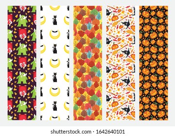 flat vector illustration and seamless pattern design set of halloween monster and theme. Can be used for background, print media or wallpaper content