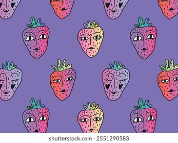 Flat Vector Illustration of Seamless Pattern with Hand-Drawn Strawberries. Strawberries Feature Abstract Faces with Various Expressions. Decorative Design, Wrapping Paper, Textile Prints