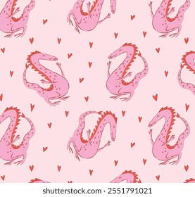 Flat Vector Illustration of Seamless Pattern Featuring Pink Dragons with Red Spines and Hearts. Repeating Design on Light Background. Decorative Composition for Kids and Fairytale Themes