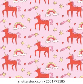 Flat Vector Illustration of Seamless Pattern Featuring Unicorns, Rainbows, Stars, and Hearts. Playful Composition in Pink and Red Tones. Decorative Design for Kids and Fantasy Themes