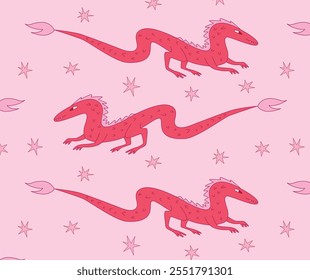 Flat Vector Illustration of Seamless Pattern Featuring Red Dragons with Spiked Backs and Long Tails. Stars Scattered Across Light Background. Repeating Decorative Design for Kids and Fantasy Themes.