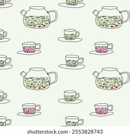 Flat vector illustration. Seamless pattern with teapots and cups of herbal and berry tea. Decorative background. Hand-drawn style. Modern design. Kitchenware items. Ideal for textile or wallpaper