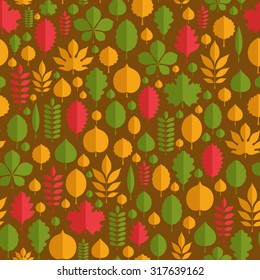 Flat vector illustration: seamless pattern made of different tree leaves silhouettes (green, yellow and red) isolated on mustard background