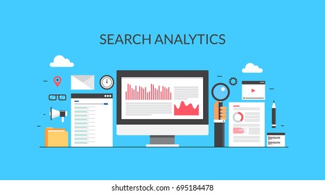 Flat vector illustration. Search analytics, Search traffic, web analytics, website report on computer screen banner with icons isolated on blue background