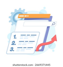 Flache Vektorgrafik zur Optimierung der Suchreihenfolge. Konzept der SEO-Algorithmen, Top-Suchergebnisse, Content-Indizierung und Web-Performance-Strategien zur Steigerung der digitalen Sichtbarkeit online.