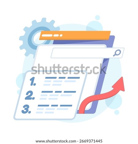Flat vector illustration of search ranking optimization. Concept of SEO algorithms, top search results, content indexing, and web performance strategies to boost digital visibility online.
