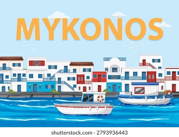 Flat vector illustration of a seaside town with white buildings and boats on blue water.