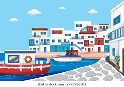 Flat vector illustration of a seaside town with white buildings, blue shutters, and fishing boats.