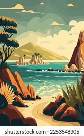 flat vector illustration seaside view from the coastal hills overgrown with vegetation, hills and meadows near the sea coast landscape