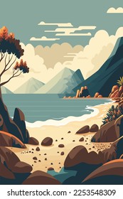 flat vector illustration seaside view from the coastal hills overgrown with vegetation, hills and meadows near the sea coast landscape