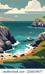 flat vector illustration seaside view from the coastal hills overgrown with vegetation, hills and meadows near the sea coast landscape