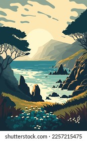 flat vector illustration seaside view from the coastal hills overgrown with vegetation, hills and meadows near the sea coast landscape