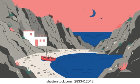 A flat vector illustration of a secluded coastal cove with a small boat on the beach, a white house, rocky cliffs, and a crescent moon in the sky.