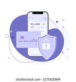 Flat Vector Illustration Secure Credit Card Transaction And Online Wallet App. Safe Payments, Payment Protection Concepts. Credit Card, Shield With Lock And Smartphone