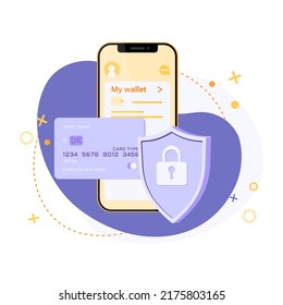 Flat vector illustration secure credit card transaction and online wallet app. Safe payments, payment protection concepts. Credit card, shield with lock and smartphone