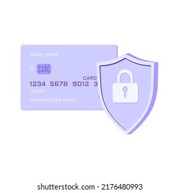 Ilustración vectorial plana de la transacción de tarjeta de crédito segura. Pagos seguros, conceptos de protección de pagos. Tarjeta de crédito y escudo con cerradura adecuado para página de aterrizaje web, banner, aplicación, volante o negocio