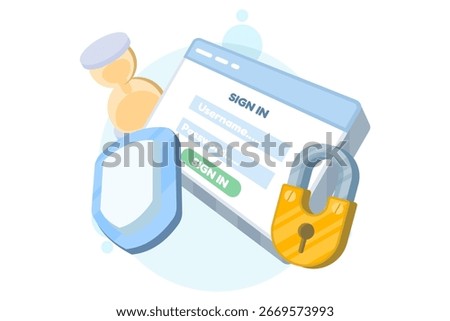Flat vector illustration of secure login concept. Username and password protection with padlock and shield icons, representing safe computer access and cybersecurity measures.